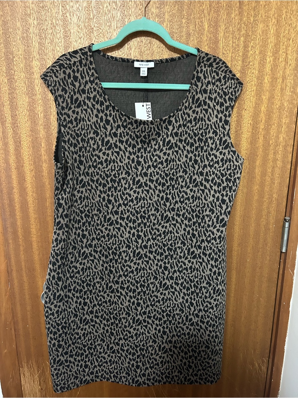 Nine West Cap Sleeve Leopard Sheath Dress in Taupe and Black